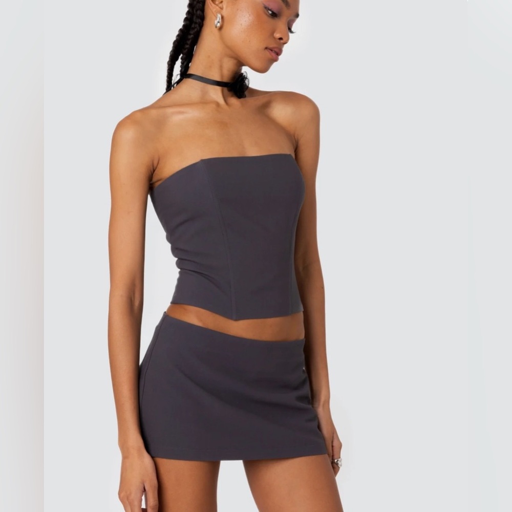 Edikted Charcoal Strapless Corset Top and Mini Skirt Set